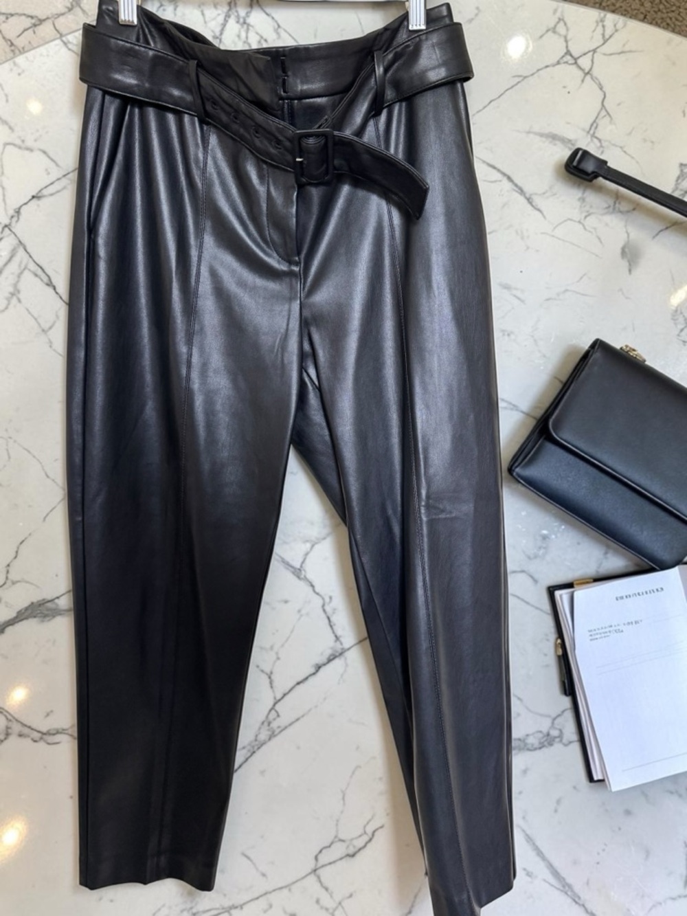 Ann Taylor Black Faux Leather Belted Pants Size‎ 8 High Waist Tapered Chic